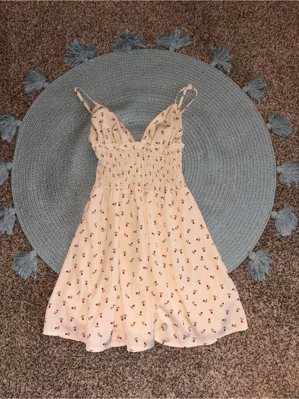 Princess Polly Cream Mini Dress with Red Cherry Print